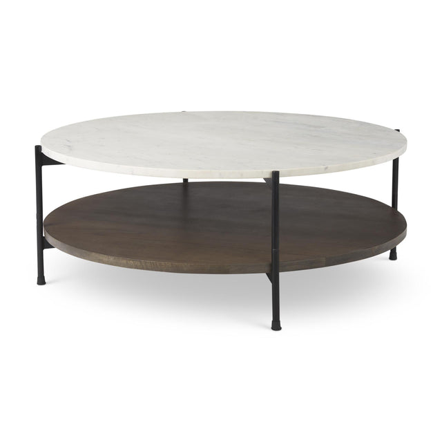 Mercana Larkin 42" Round Two-Tier White Marble Top and Solid Wood Shelf w/ Black Metal Frame Coffee Table