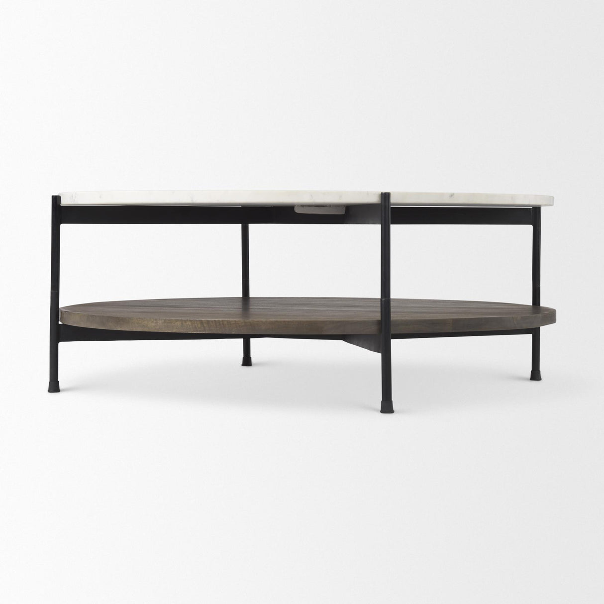 Mercana Larkin 42" Round Two-Tier White Marble Top and Solid Wood Shelf w/ Black Metal Frame Coffee Table