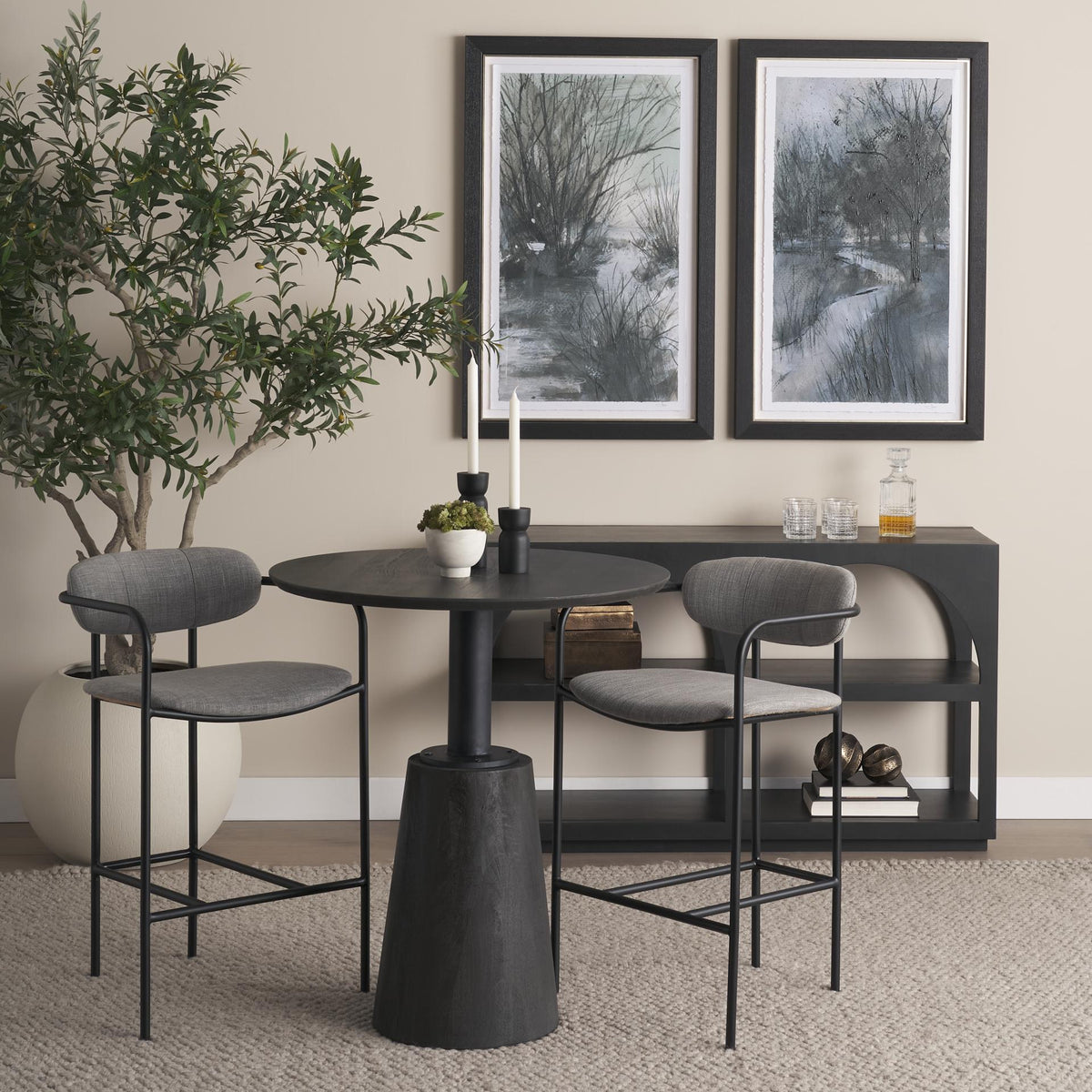 Mercana Maxwell 32" Round Black-Brown Wood w/ Black Metal Pedestal Bistro Table