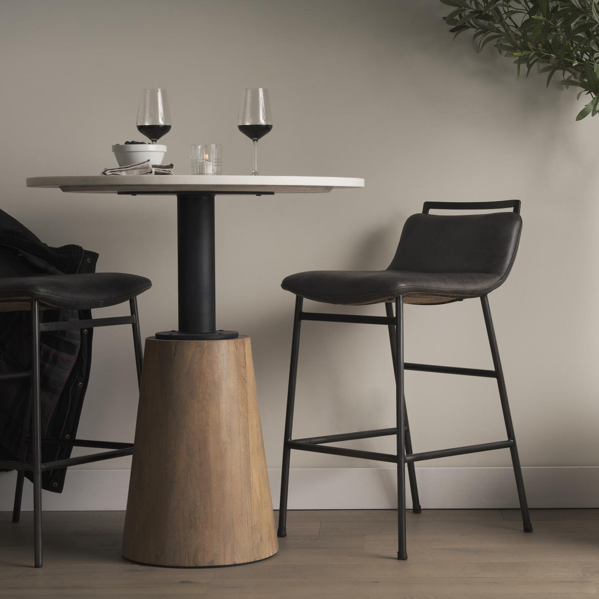 Mercana Maxwell 32" Round White Marble Tabletop w/ Blonde Wood & Black Metal Accent Pedestal Bistro Table