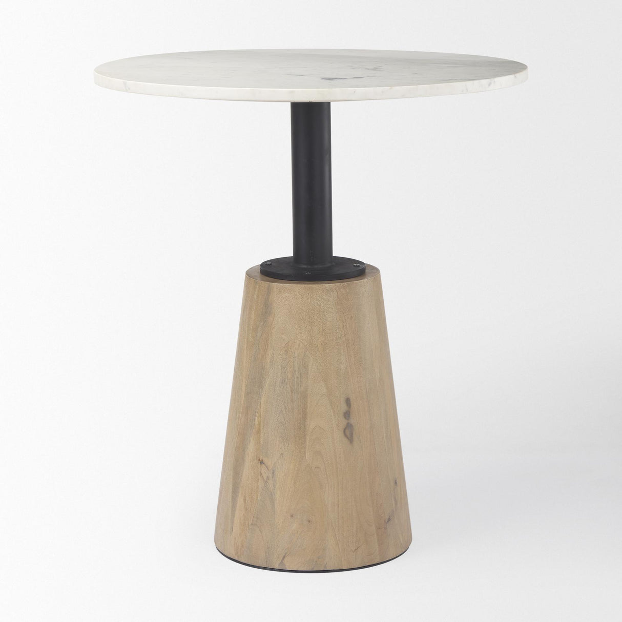 Mercana Maxwell 32" Round White Marble Tabletop w/ Blonde Wood & Black Metal Accent Pedestal Bistro Table