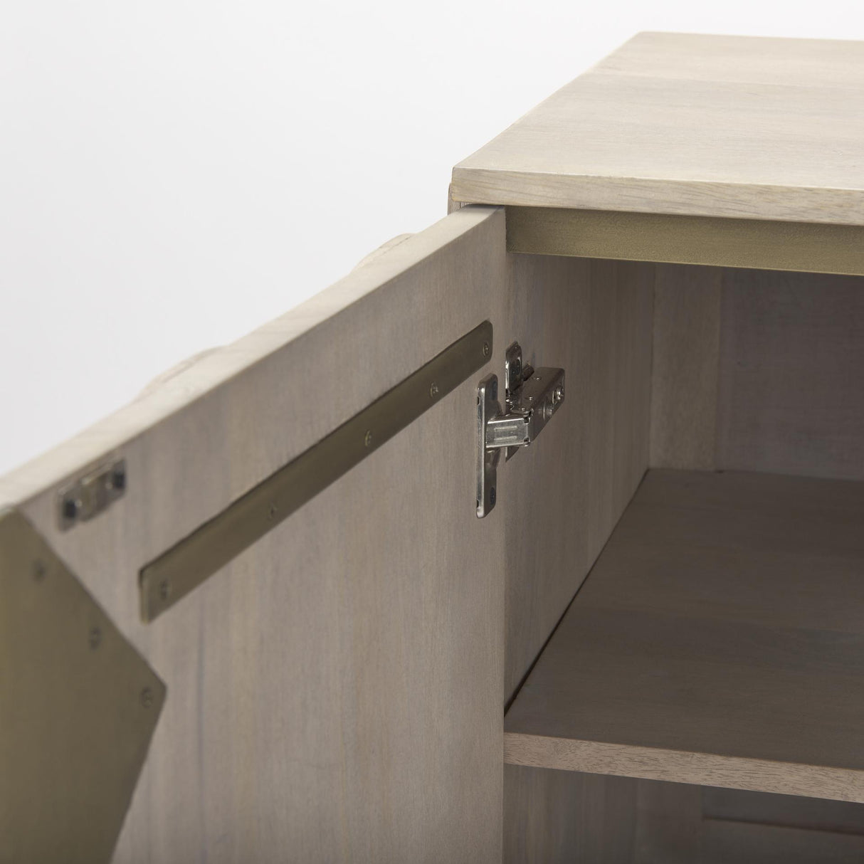 Mercana Excelsior 36.0L x 18.0W x 32.5H Light Brown Wood Gold Iron Base Accent Cabinet