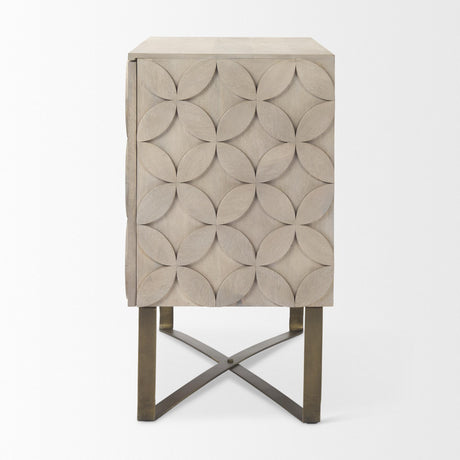 Mercana Excelsior 36.0L x 18.0W x 32.5H Light Brown Wood Gold Iron Base Accent Cabinet