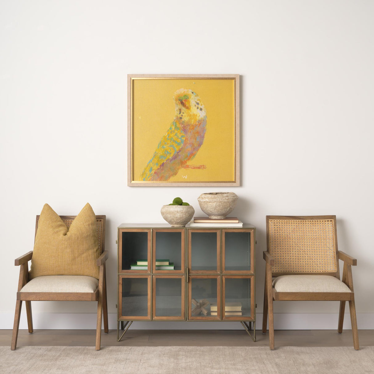 Mercana Donna Light Brown Wood Cane-Back w/ Beige Upholstered Seat Accent Chair