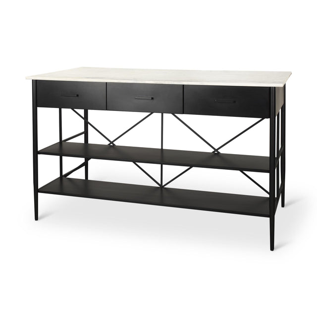 Mercana Amika White Marble Top Black Metal Base Kitchen Island
