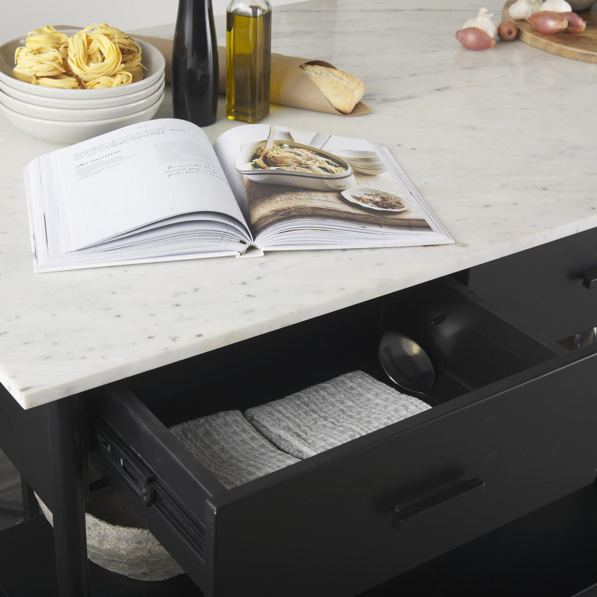 Mercana Amika White Marble Top Black Metal Base Kitchen Island