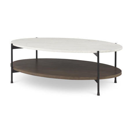 Mercana Larkin White Marble Top w/ Dark Brown Wood Shelf Oval Coffee Table