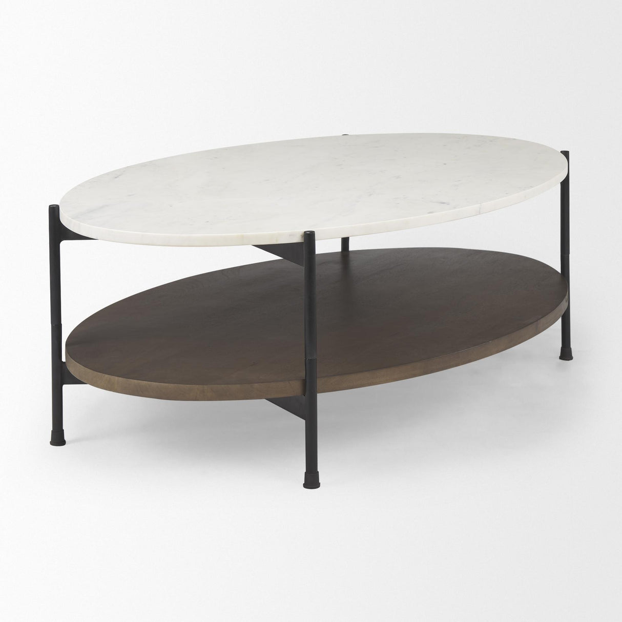 Mercana Larkin White Marble Top w/ Dark Brown Wood Shelf Oval Coffee Table