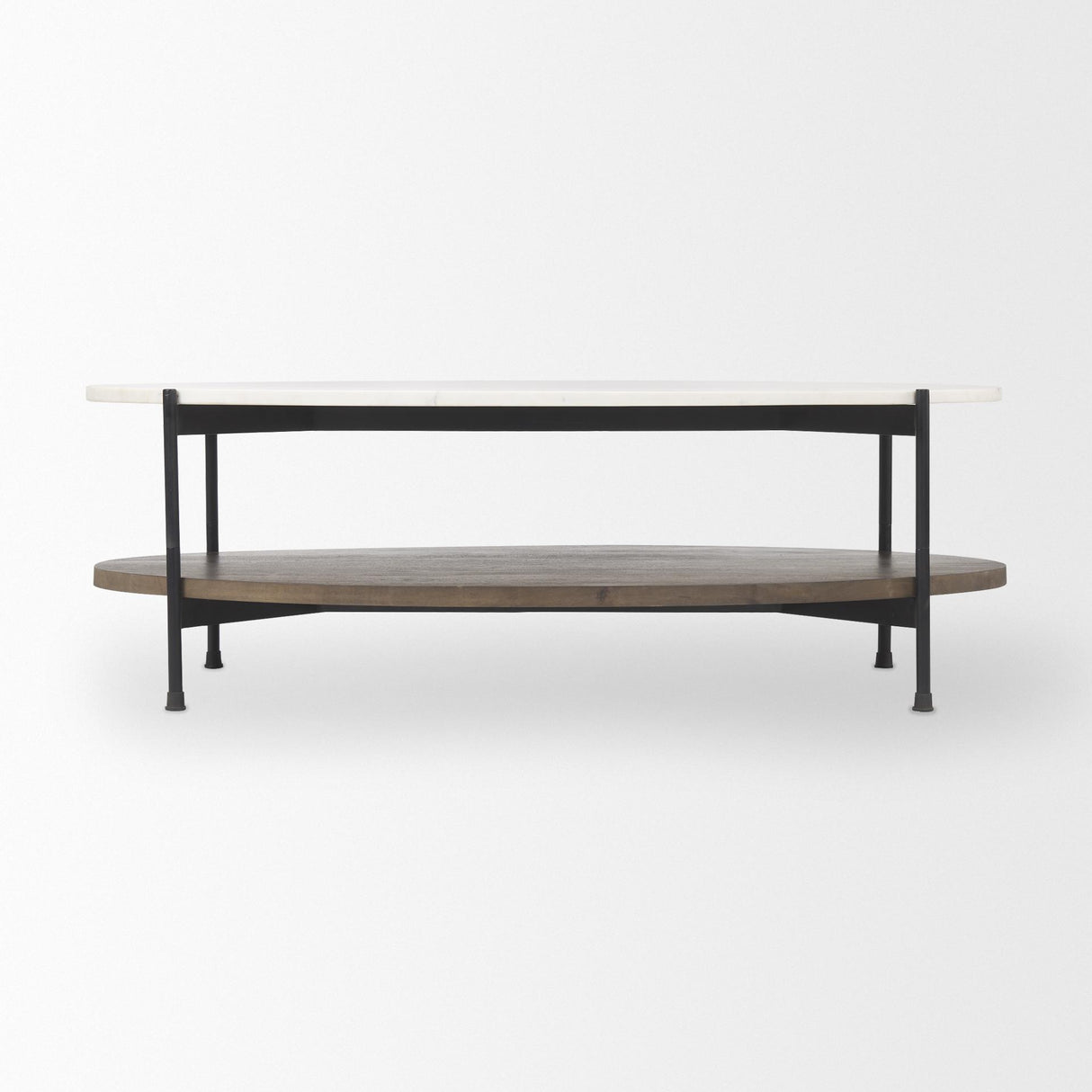 Mercana Larkin White Marble Top w/ Dark Brown Wood Shelf Oval Coffee Table