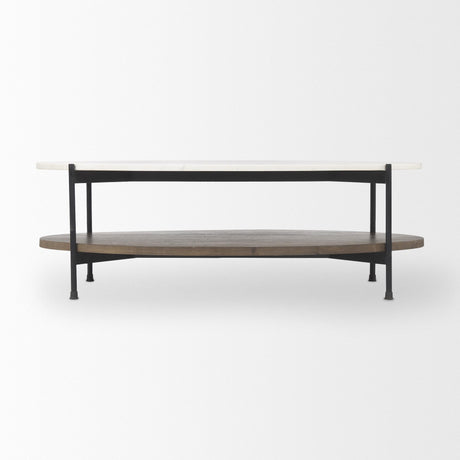 Mercana Larkin White Marble Top w/ Dark Brown Wood Shelf Oval Coffee Table