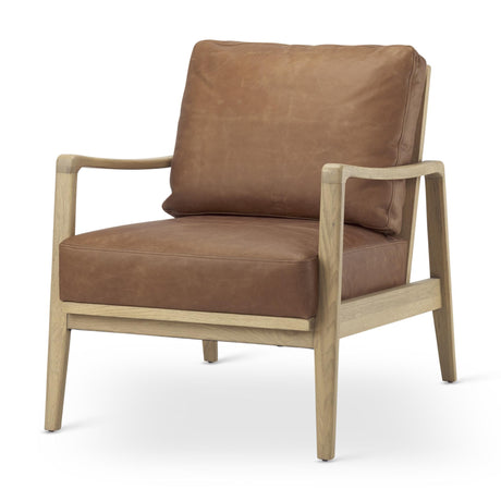 Mercana Raeleigh 28.0L x 34.1W x 34.4H Cognac Leather W/ Light Brown Wood Frame Accent Chair