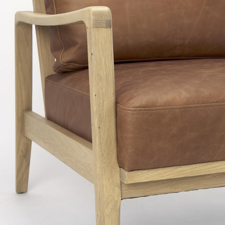 Mercana Raeleigh 28.0L x 34.1W x 34.4H Cognac Leather W/ Light Brown Wood Frame Accent Chair