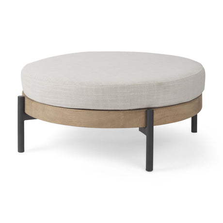 Mercana Colburne Cream Fabric w/ Brown Wood Round Ottoman