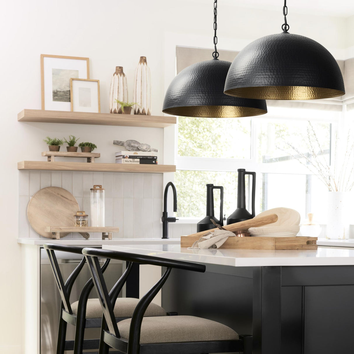 Mercana Karina 24" Round Matte Black Hammered Metal Dome Pendant Light