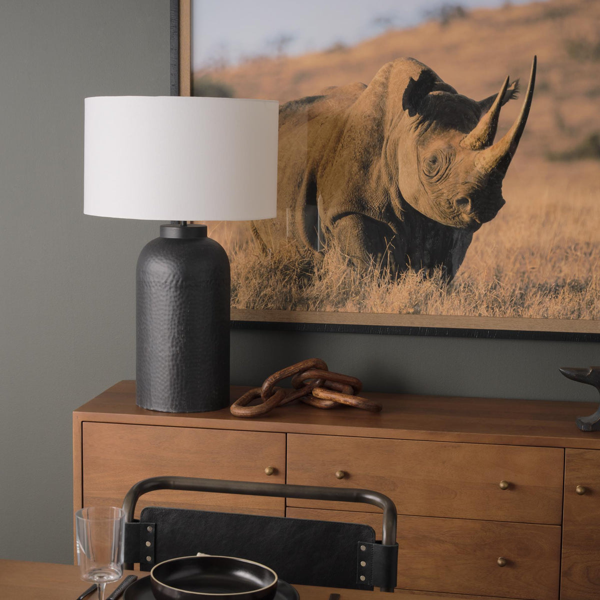Mercana Leo 18.0L x 18.0W x 31.0H Black Hammered W/White Fabric Shade Table Lamp