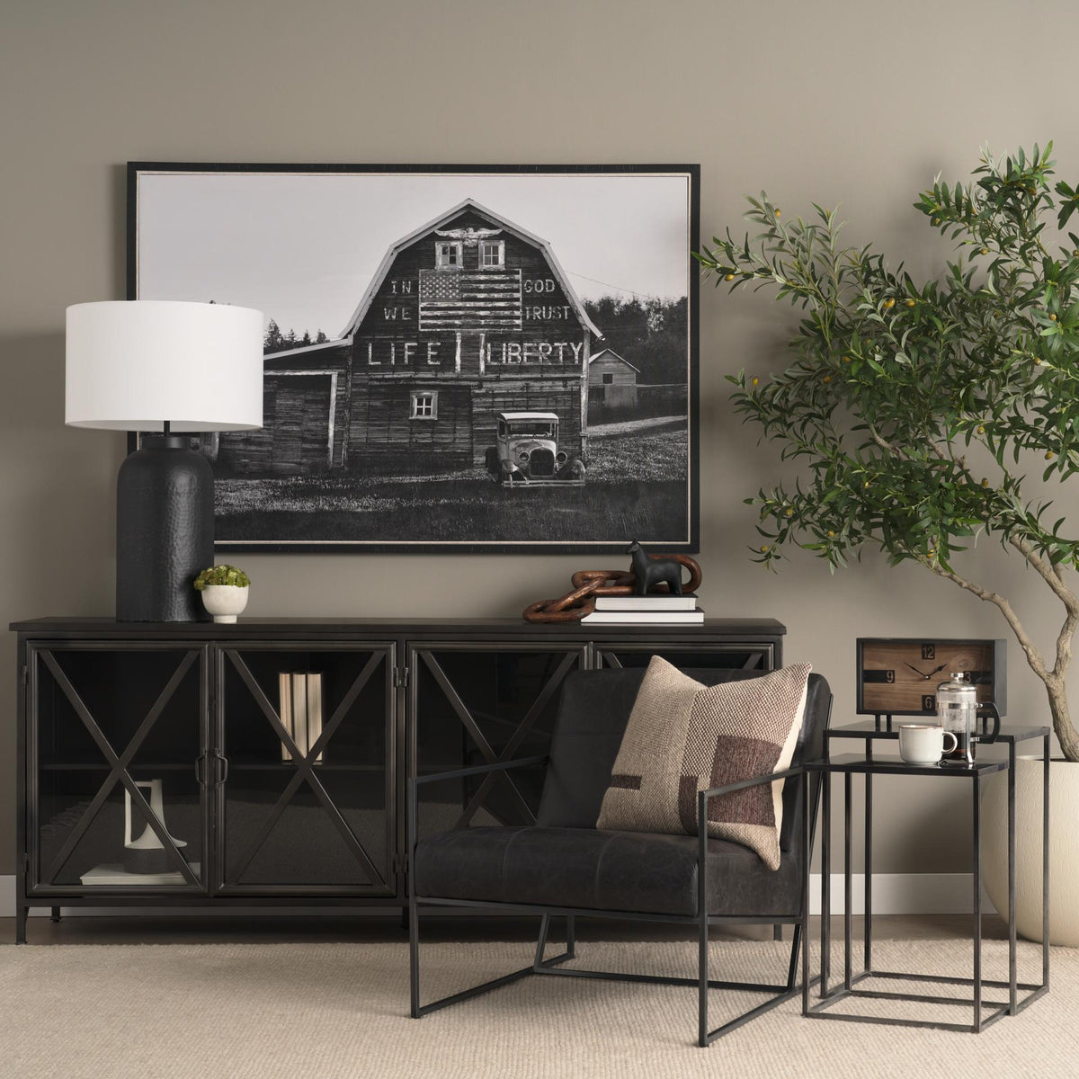 Mercana Leo 18.0L x 18.0W x 31.0H Black Hammered W/White Fabric Shade Table Lamp