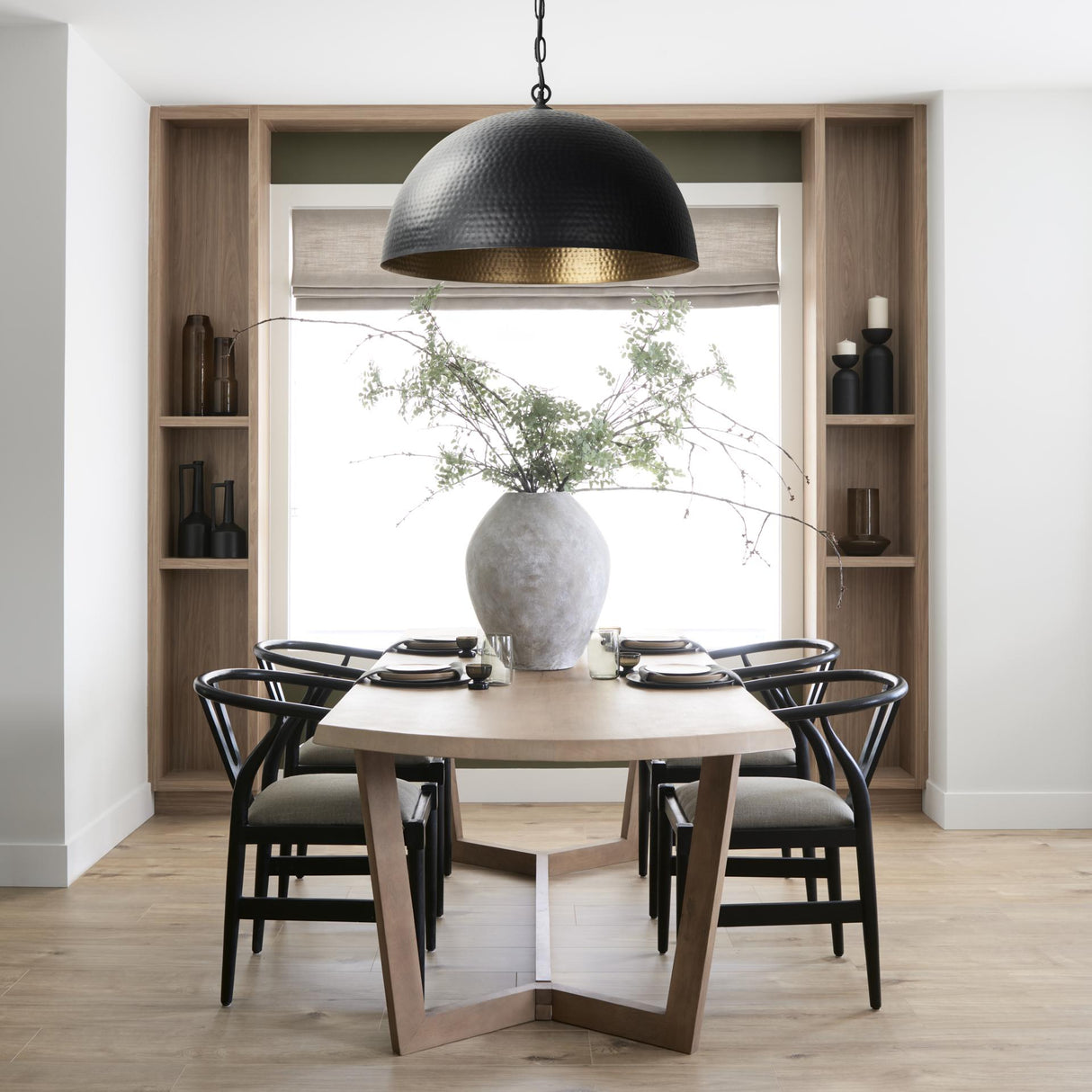 Mercana Karina 36" Round Matte Black Hammered Metal Dome Pendant Light