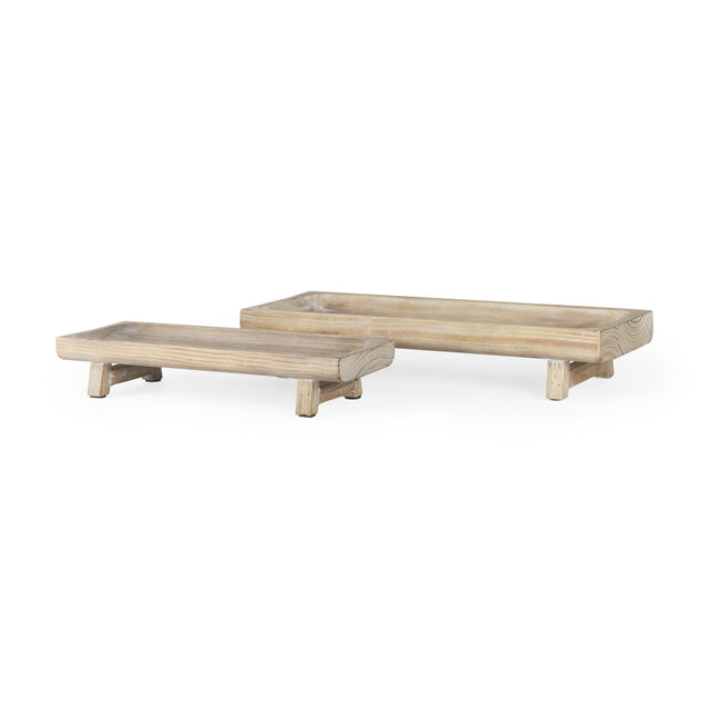 Mercana Carver Set of 2 Rectangular White Washed Wood Trays