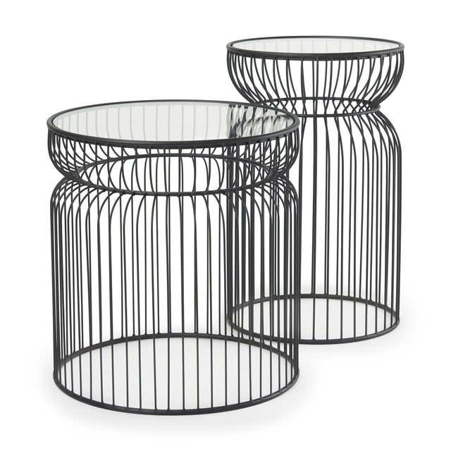 Mercana Shani Set of 2 Round, Black Metal w/ Glass, Accent Tables