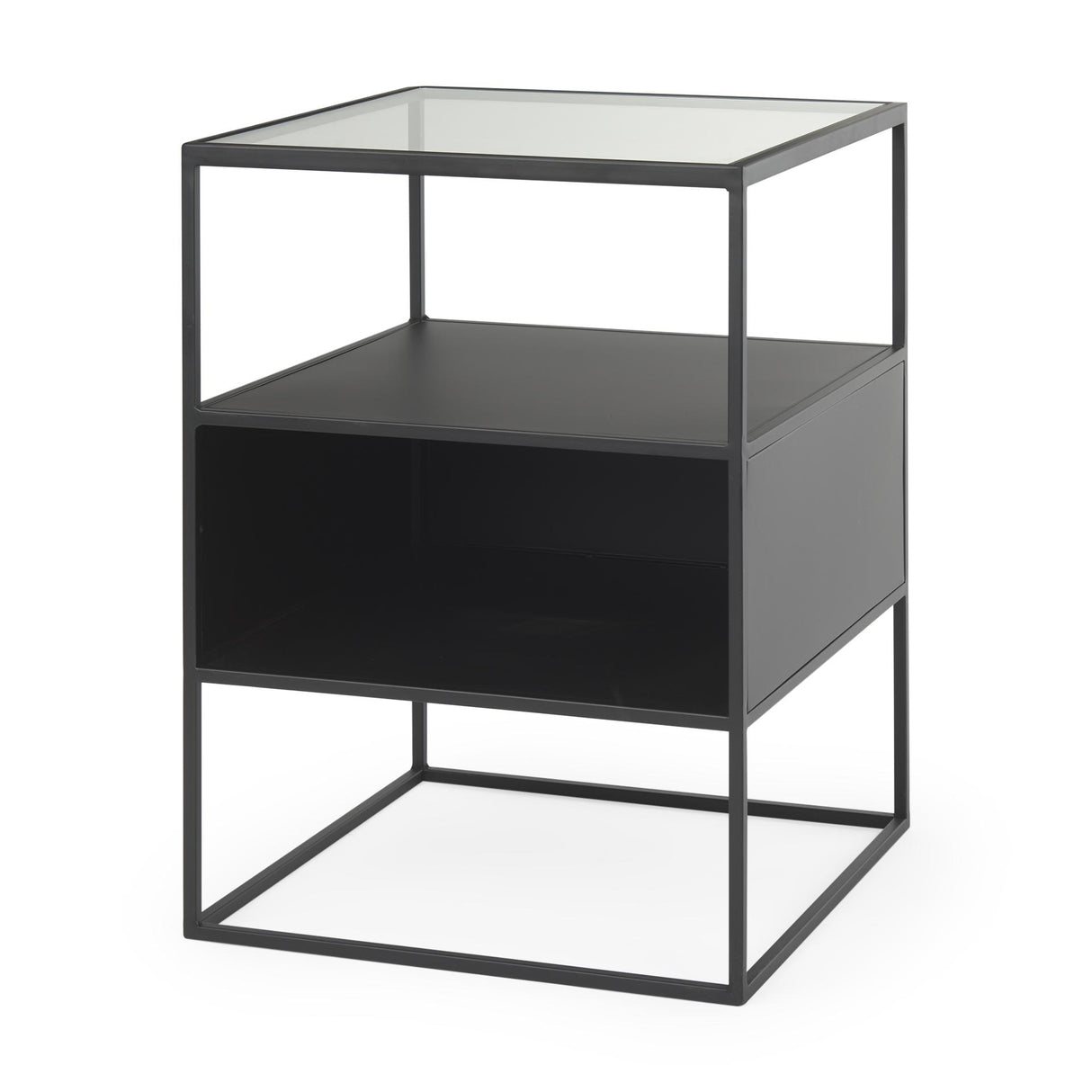 Mercana Samson 15.7L x 15.7W x 21.3H Side Table Matte Black Metal and Glass