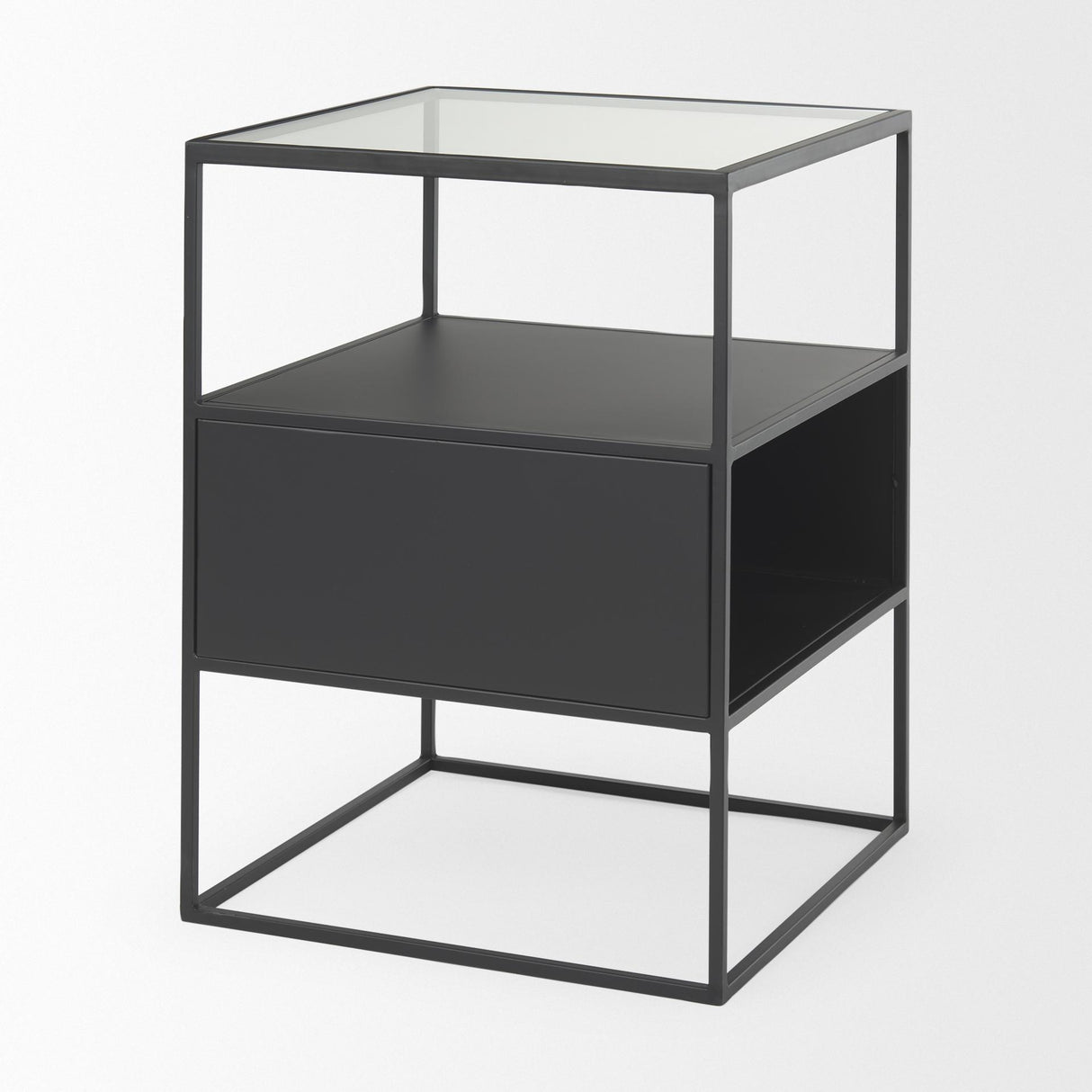 Mercana Samson 15.7L x 15.7W x 21.3H Side Table Matte Black Metal and Glass