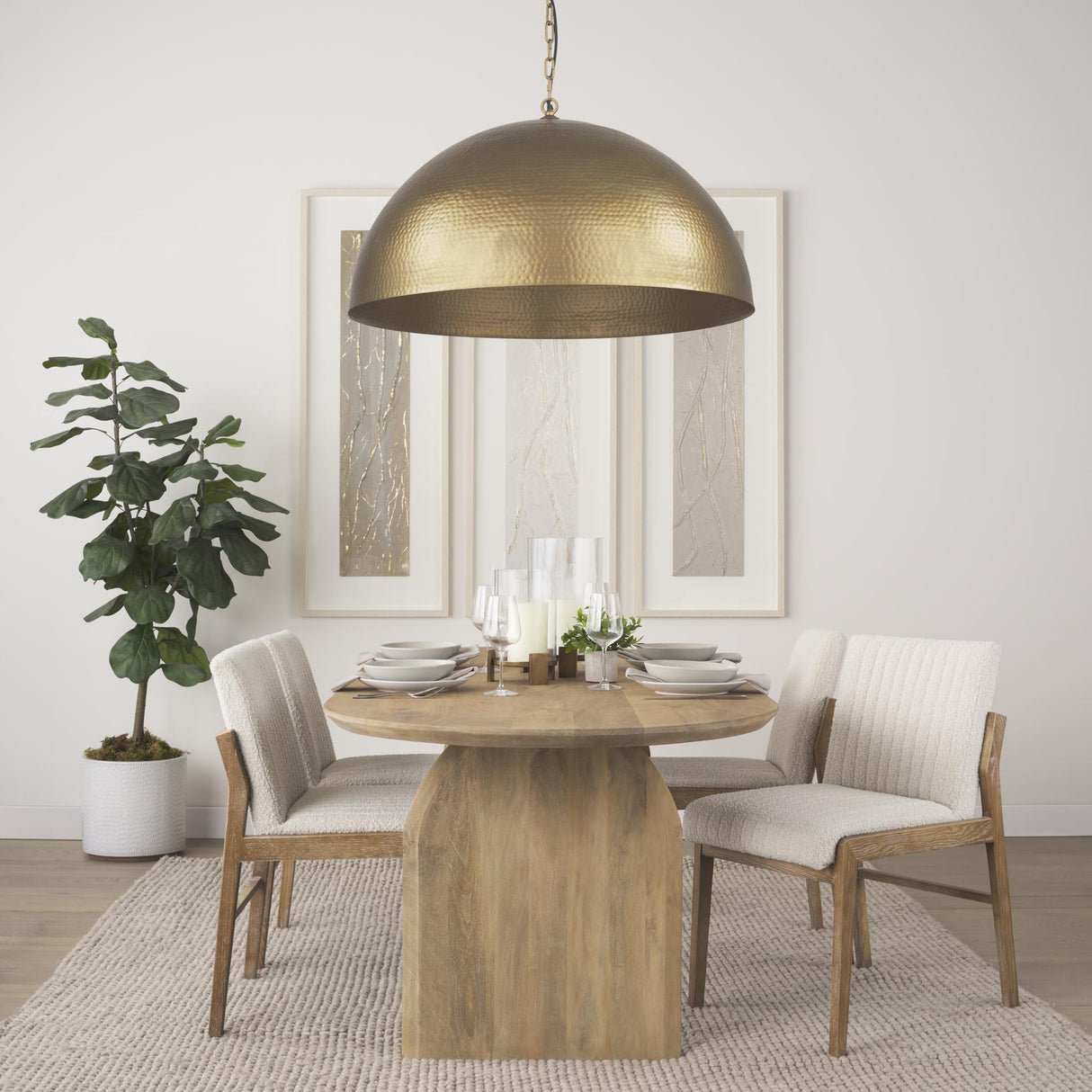 Mercana Karina 36" Round Brass-tone Hammered Metal Dome Pendant Light