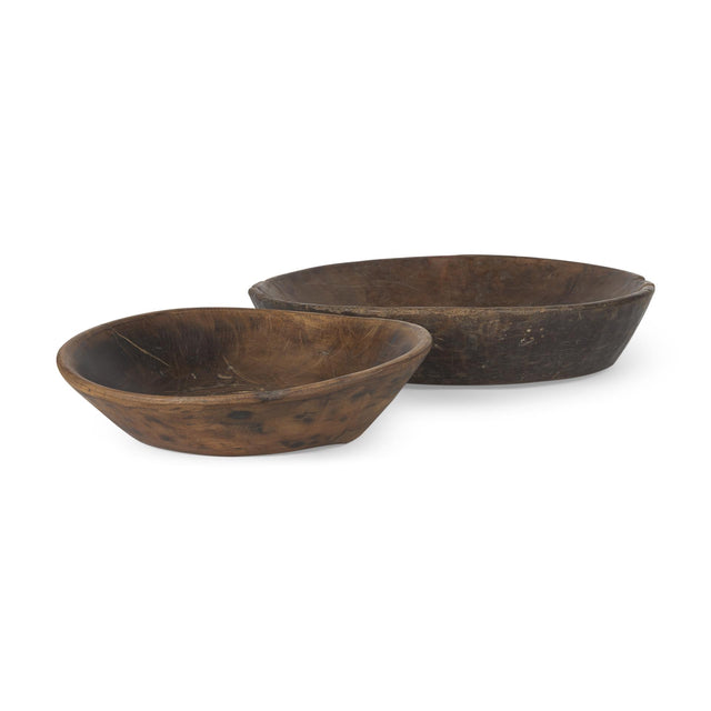 Mercana Nikita Set of 2 Large Medium Brown Reclaimed Wood Bowls