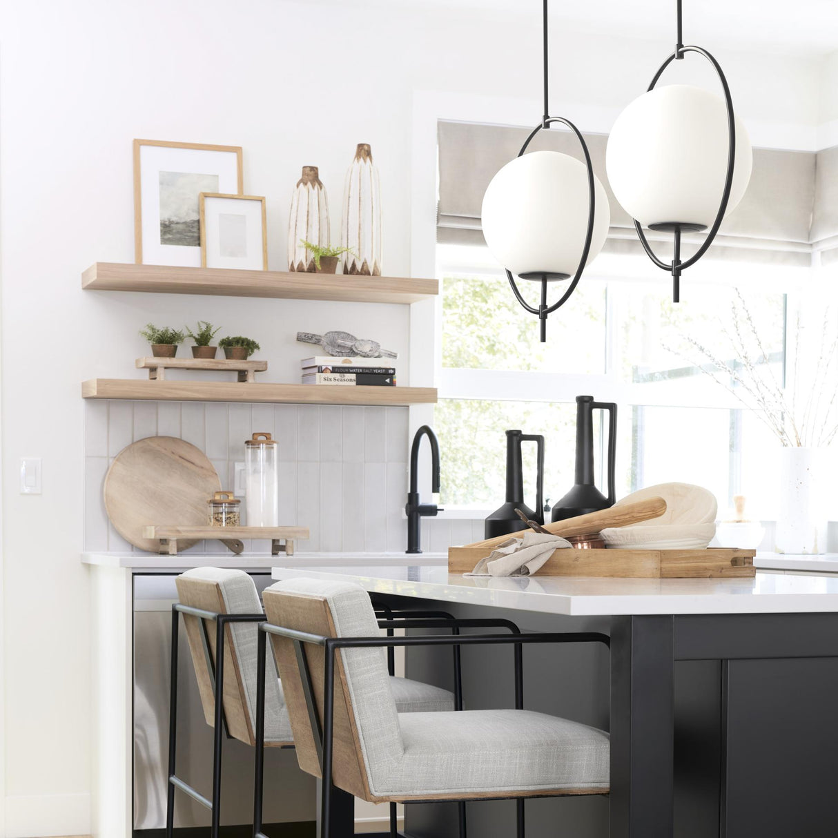 Mercana Farrah Frosted Glass Globe set in Matte Black Metal Pendant Ceiling Light
