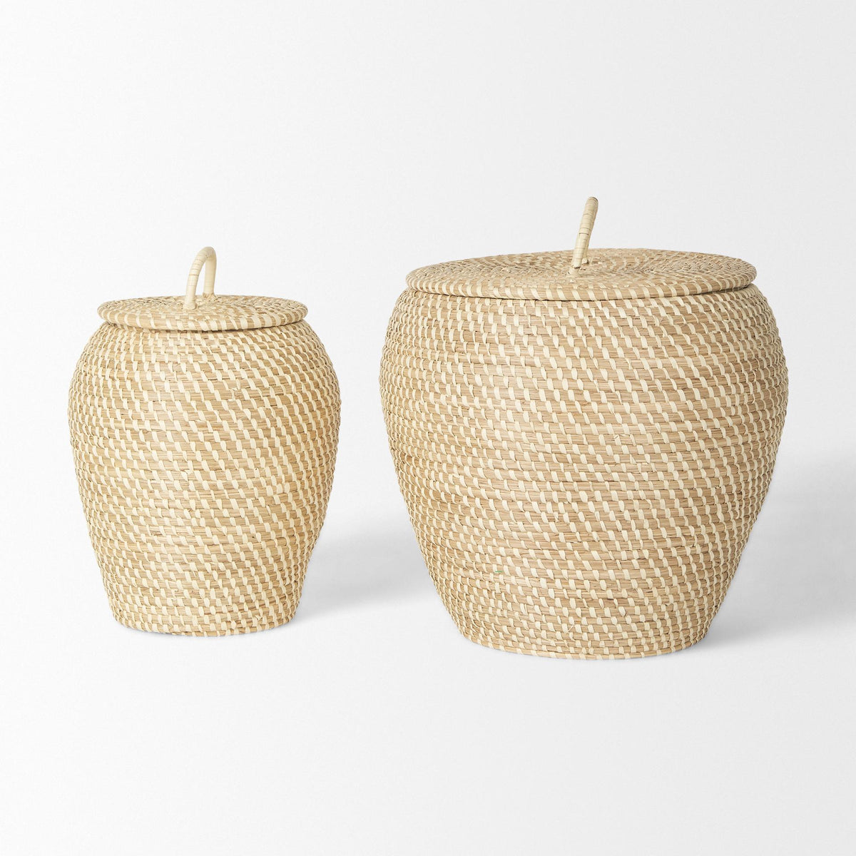 Mercana Kalopa Set of 2 Seagrass Floor Baskets w/ Flat Handled Lid