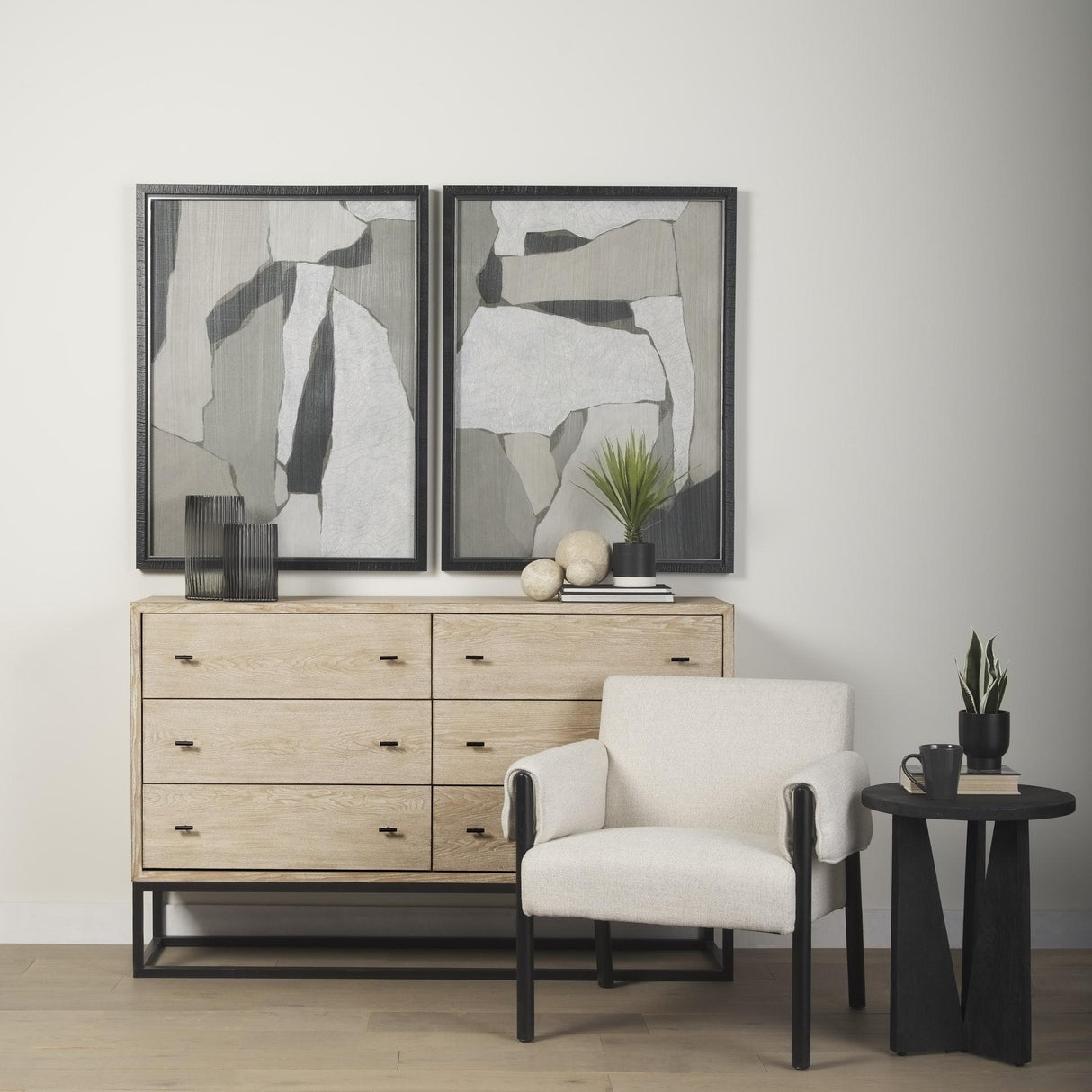 Mercana Ciara 6 Drawer Beige Fir Veneer w/ Black Metal Sideboard