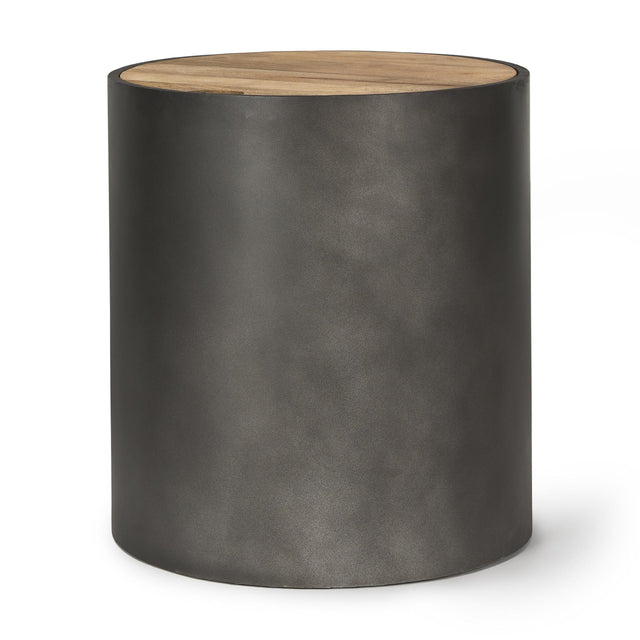 Mercana Eclipse Gunmetal Gray Drum Base w/ Brown Wood Top End/Side Table