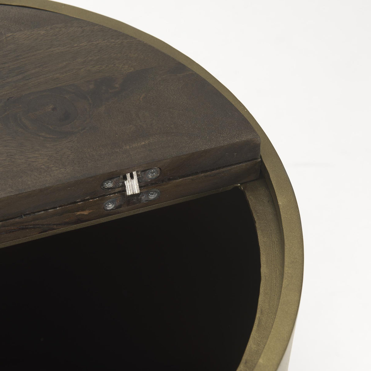 Mercana Eclipse Antique Brass Metal Drum Base w/ Dark Brown Wood Top End/Side Table