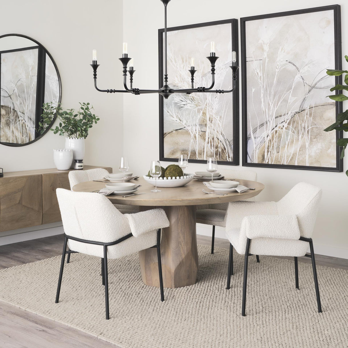 Mercana Brently Dining Chair w/ Cream Boucle Fabric & Matte Black Metal Legs