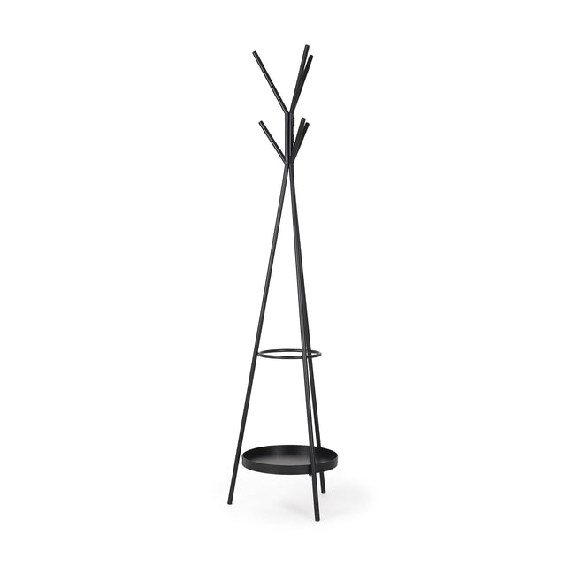 Mercana Everett Matte Black Metal w/ Two Metal Shelves Coat Rack
