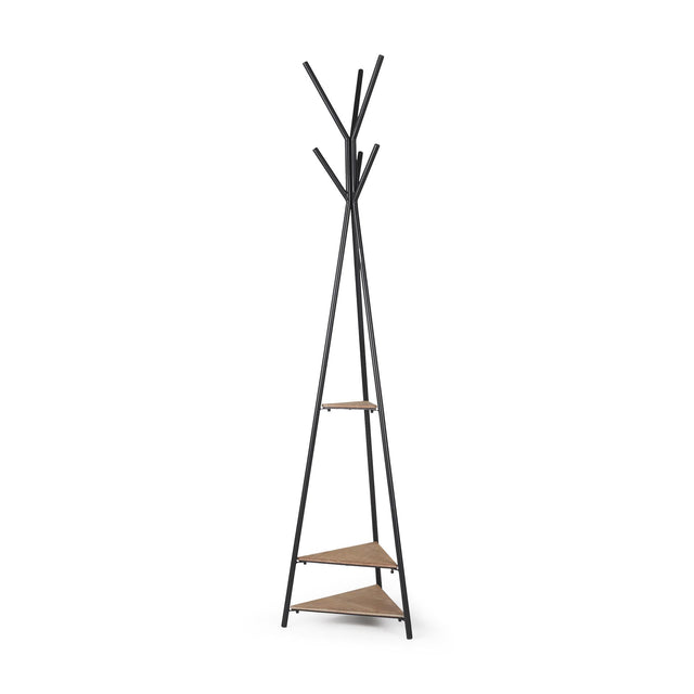 Mercana Everett Matte Black Metal w/ Two Wood Shelves Coat Rack