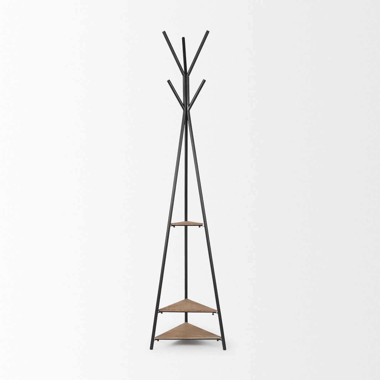 Mercana Everett Matte Black Metal w/ Two Wood Shelves Coat Rack