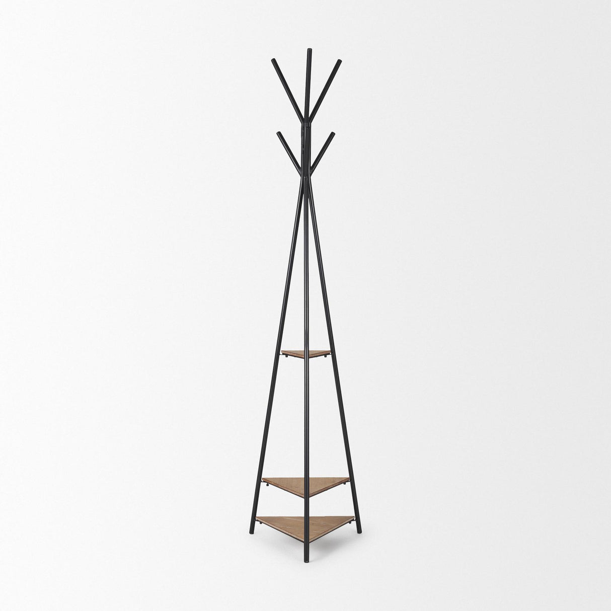 Mercana Everett Matte Black Metal w/ Two Wood Shelves Coat Rack