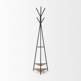 Mercana Everett Matte Black Metal w/ Two Wood Shelves Coat Rack