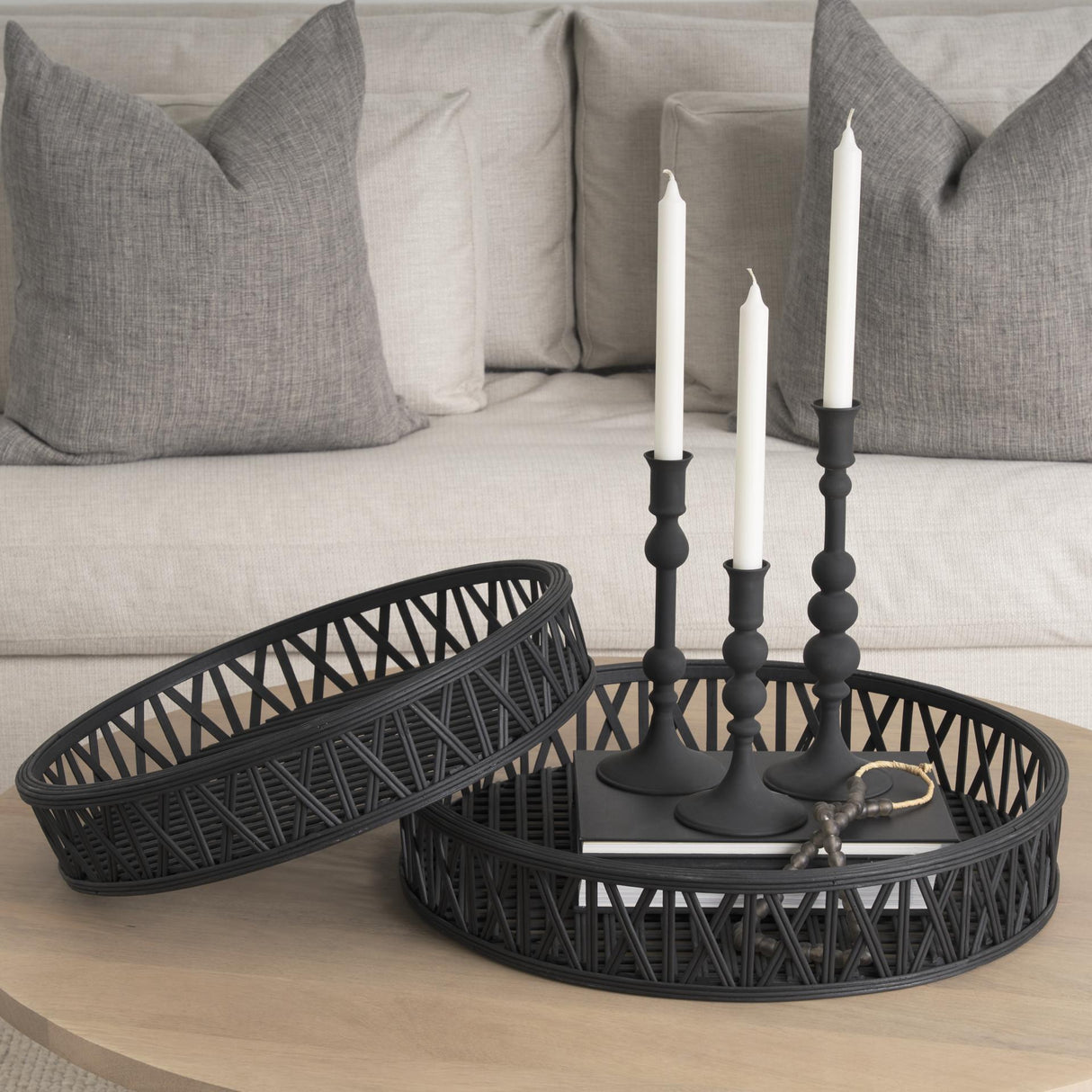 Mercana Thea Matte Black Wicker Trays (Set of 2)