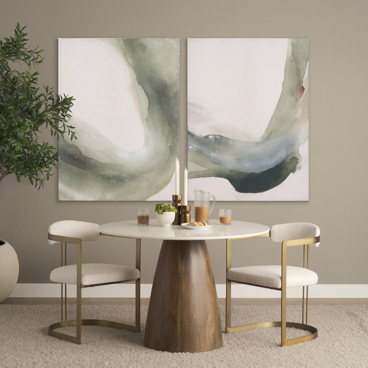 Mercana Allyson 42" Round Brown Wood Pedestal w/Banswara White Marble Top Dining Table