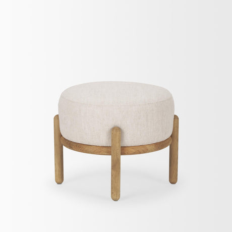 Mercana Gwynn Beige Fabric w/ Light Brown Wood Pouf