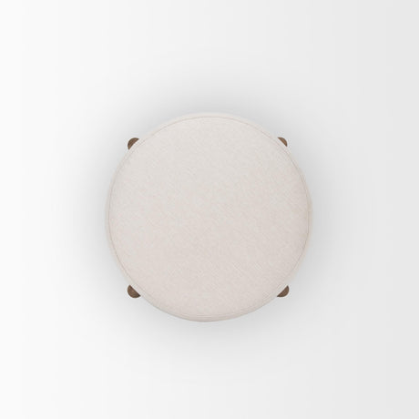 Mercana Gwynn Oatmeal Fabric w/ Dark Brown Wood Pouf