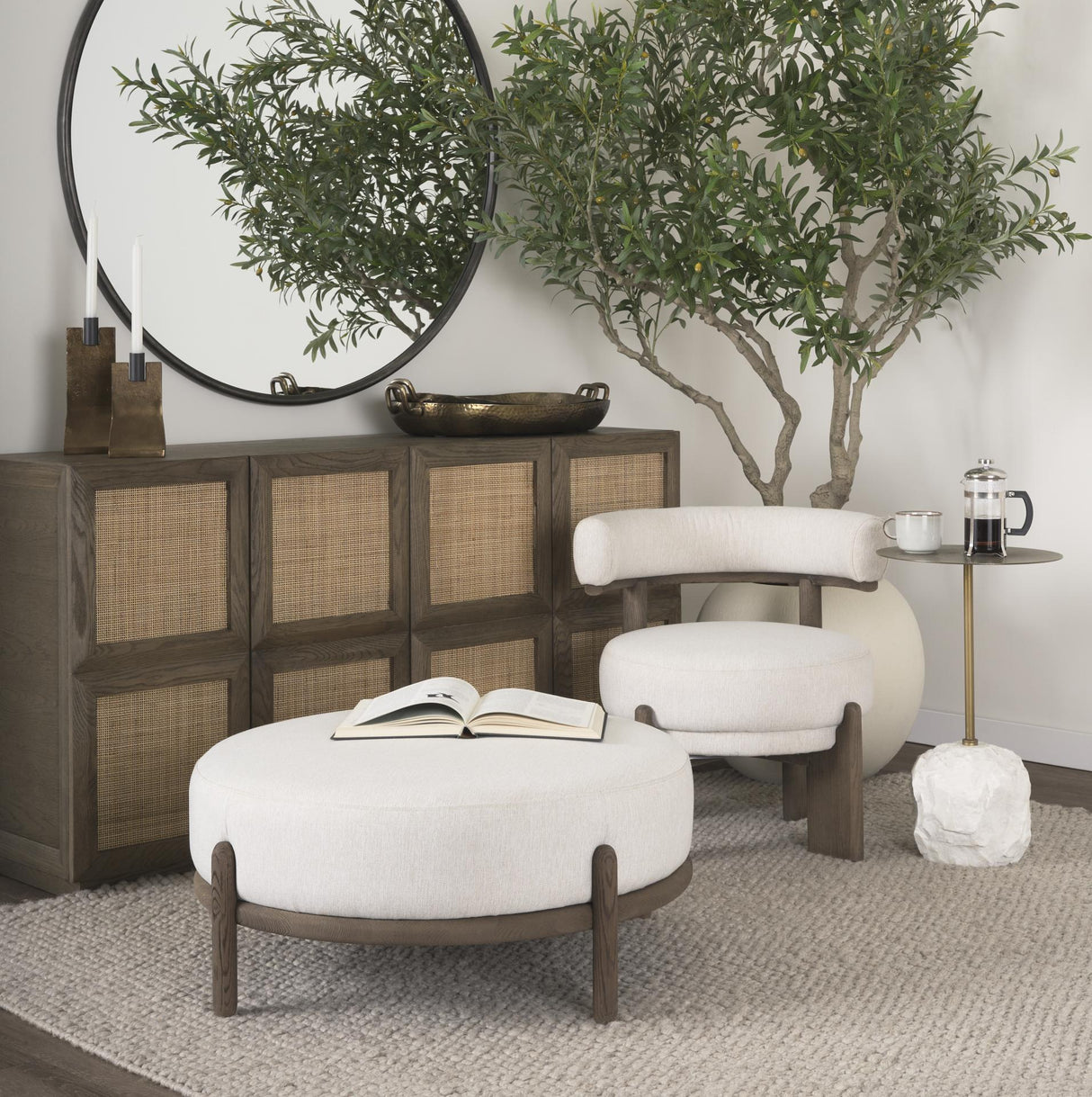 Mercana Gwynn Oatmeal Fabric w/ Dark Brown Wood Ottoman