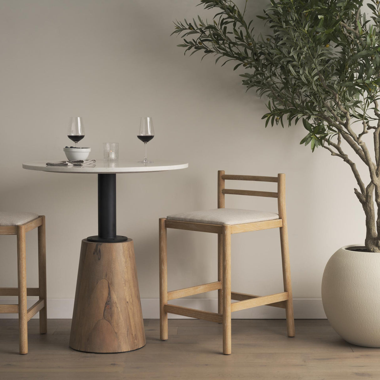 Mercana Sam Counter Stool W/ Light Brown Wood Frame and Beige Upholstered Seat