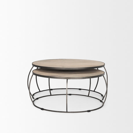 Mercana Clapp Round Light Brown W/ White Wash Wood and Silver Metal Nesting Coffee Tables (Set of 2)