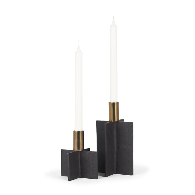 Mercana Pia Matte Black w/ Brushed Gold Metal Taper Candleholder (Set of 2)