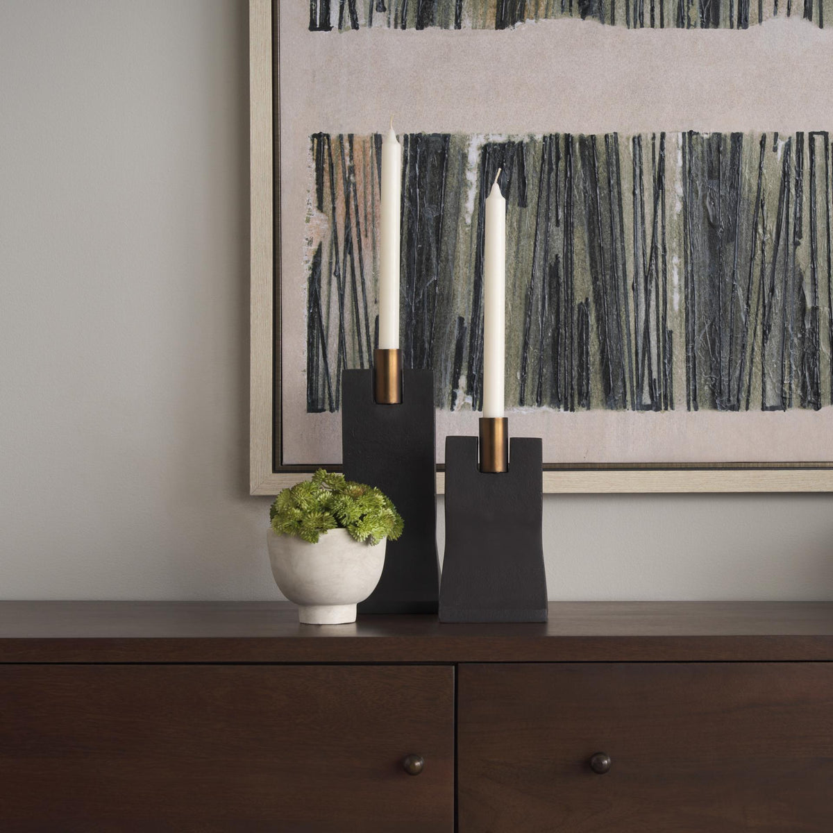 Mercana Polli Matte Black w/ Brushed Gold Metal Taper Candleholders (Set of 2)