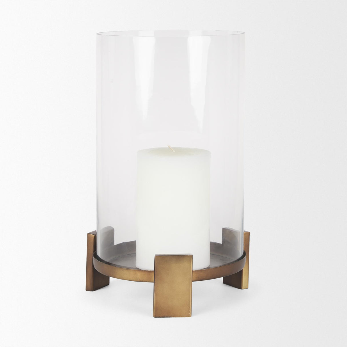 Mercana Price Large Antiqued Gold Metal w/ Glass Hurricane Candle Holder