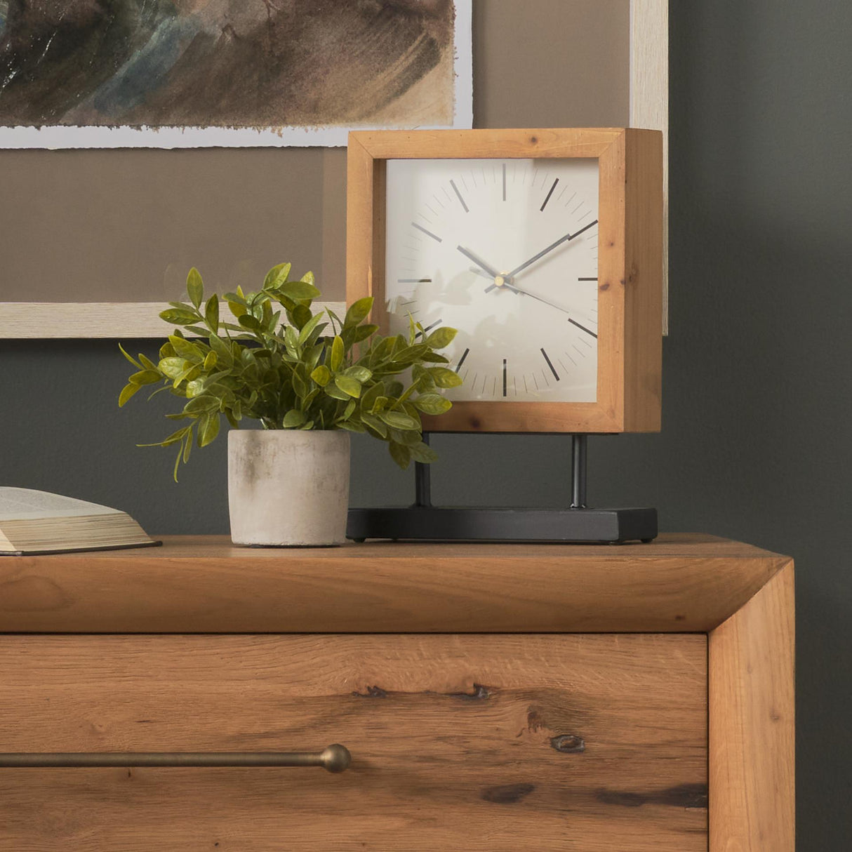 Mercana Renaya Light Brown Wood w/ Matte Black Metal Base Table Clock