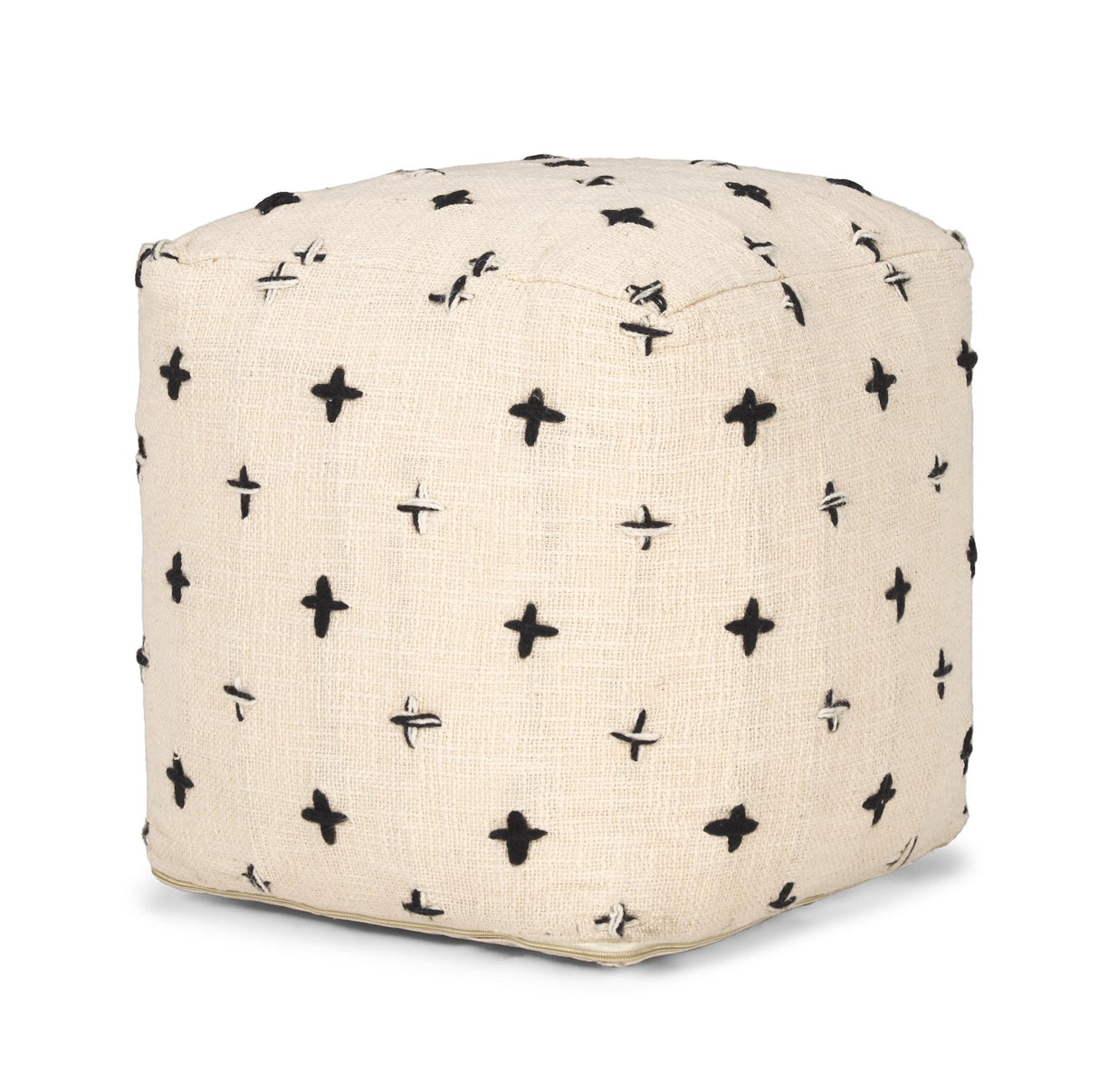 Mercana Saanvi Wool w/ Cream and Black Stitched Cross Patterned Pouf